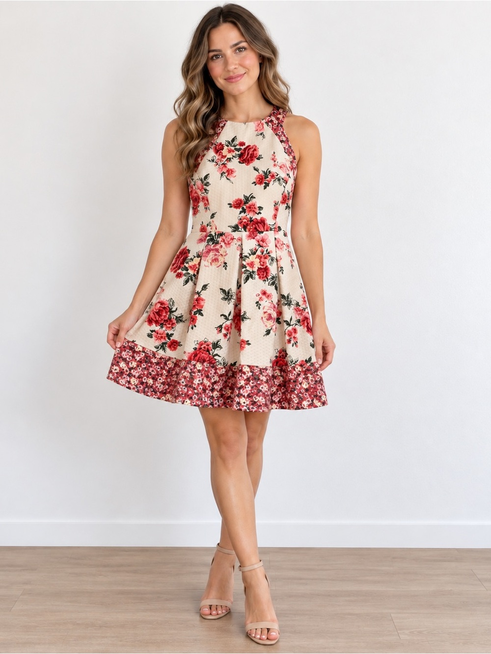 Rewind Cream Mini Dress with Red Floral Print